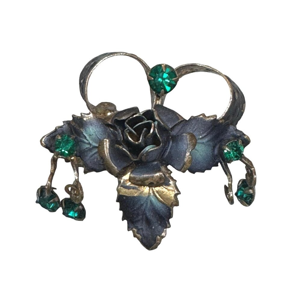 Vtg Harry Iskin Austria Emerald Green Crystal Rhinestone Rose Floral Brooch Pin